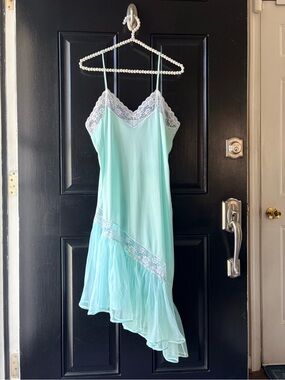 VTG Turquoise Blue Nylon Lace Nightgown Slip Dress Size M